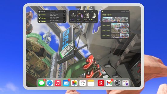 An iPad screen against a colourful Splatoon 3 background showing various Splatoon 3 widgets on the Home Screen.