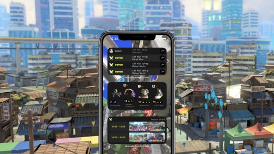An iPhone against a Splatoon 3 background of skyscrapers, the screen showing various Splatoon 3 apps.