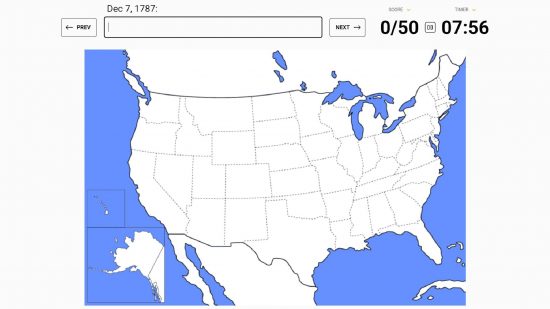 Sporcle quiz: a sceenshot of the website Sporcle shows a quiz based on US states