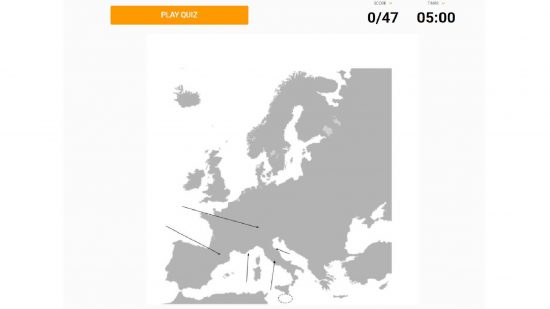 Sporcle quiz: a sceenshot of the website Sporcle shows a quiz based on European countries