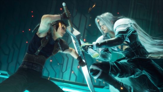 Zack Fair and Seephiroth crossing blades in Crisis Core