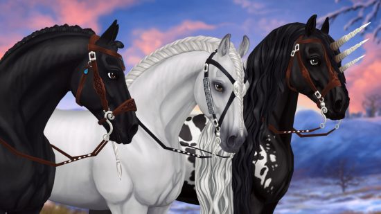 Star Stable codes - three Friesian horses