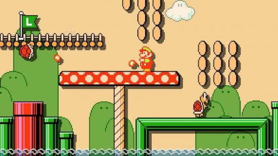 Super Mario Maker 2 Super Mario Bros 5: a screenshot shows a Super Mario Maker 2 level in the style of Mario Bros 3