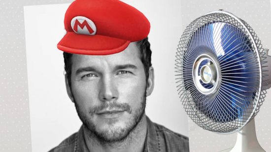 Super Mario Movie teaser: a headshot shows Chris Pratt, wearing a Mario hat. However, he is being blown away by a big fan