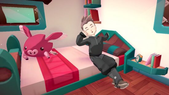 Temtem protagonist waking up in their bed alongside a Pigepic plush before starting their trainer adventure