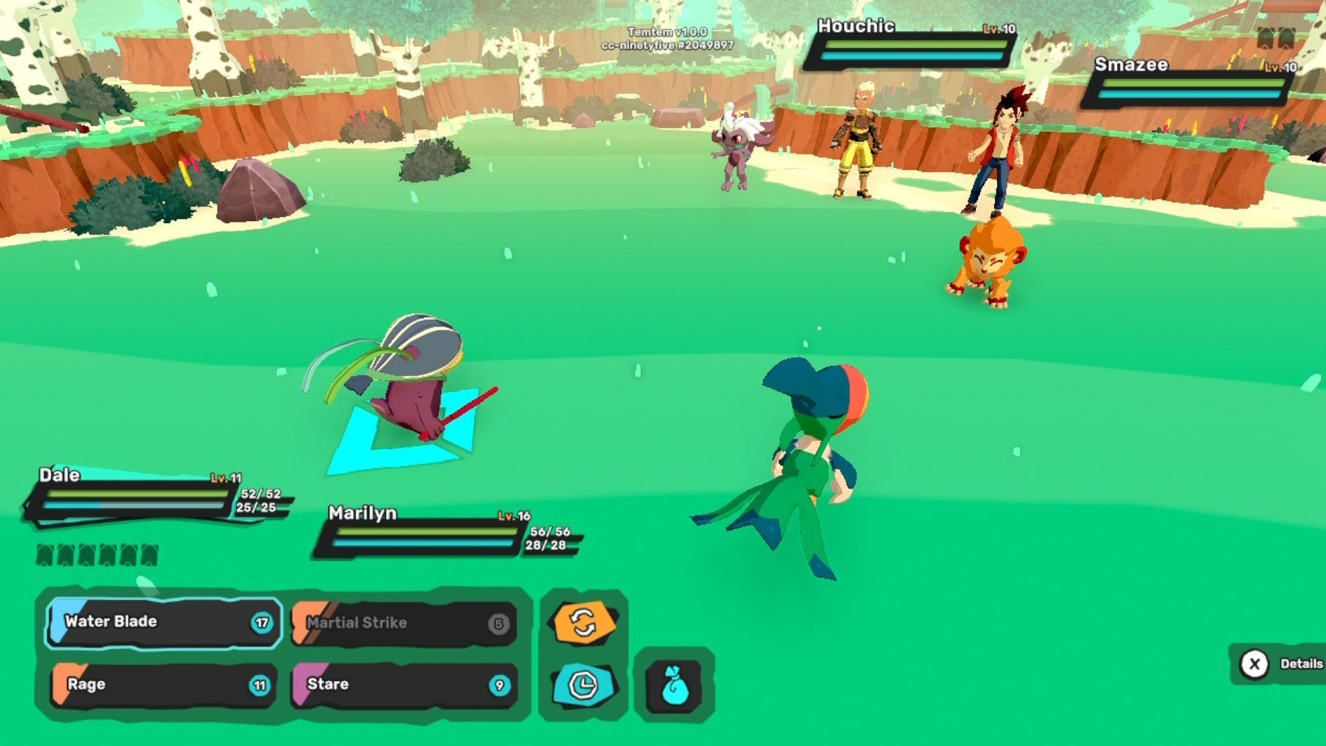 Screenshot of Temtem double battle with Saipat and a Tuwaiflying-type taking on a team of two