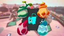 Custom image for Temtem breeding guide with images of Temtem eggs, and Mimit, the breeding monster