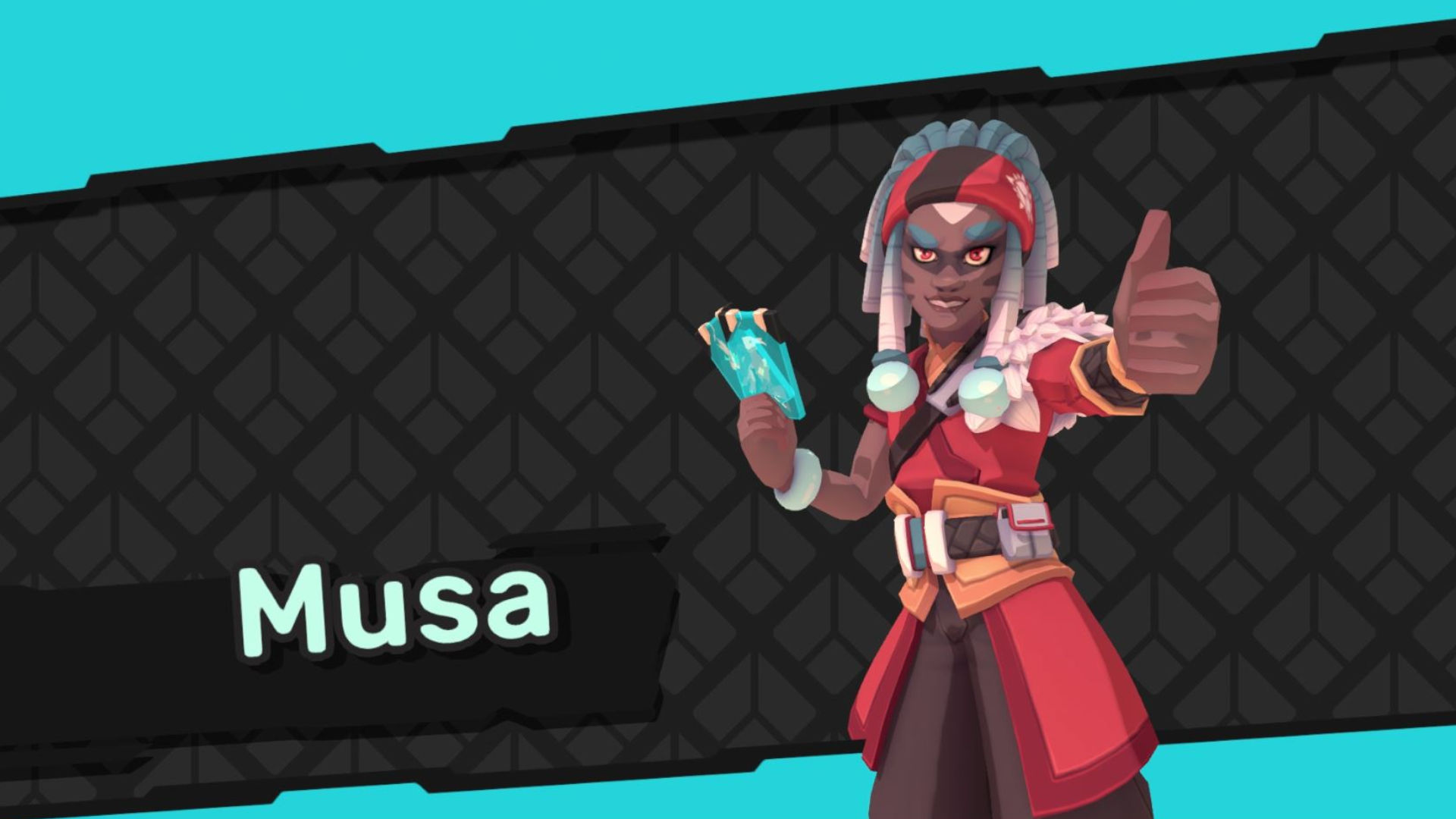 Screenshot of special Temtem dojo screen with a pose from leader Musa