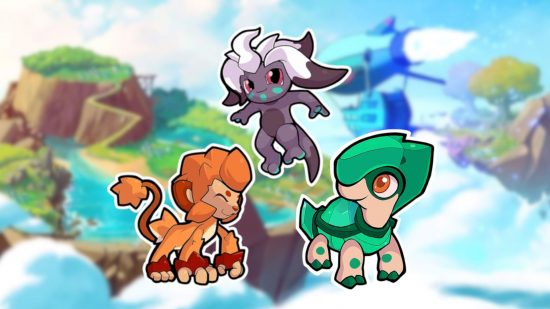 Custom image of the Temtem starters, Houchic, Crystle, and Smazee, in their sticker form