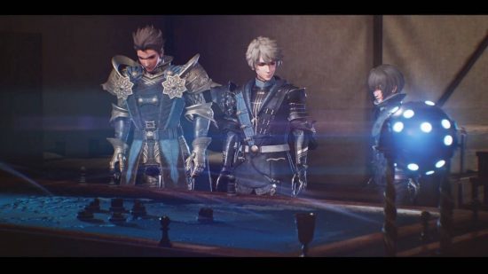 The Diofield Chronicle review: a screenshot from The Diofield Chronicle shows armour -clad characters stood around a war table