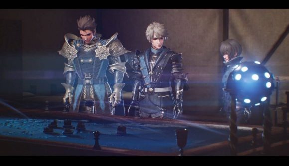 The Diofield Chronicle review: a screenshot from The Diofield Chronicle shows armour -clad characters stood around a war table