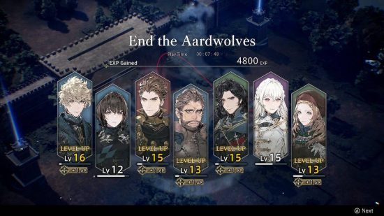 The Diofield Chronicle review: a winning screen from a mission shows the units that have gained experience and leveled up