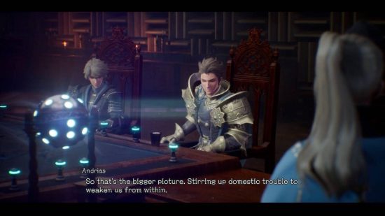 The Diofield Chronicle review: a cut-scene shows several armour clad characters sat around a war atble discussing their next move