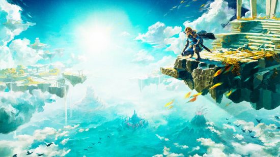 The Legend of Zelda: Tears of the Kingdom release date: Link stands on a hovering island platform, looking over the kingdom of hyrule from the sky
