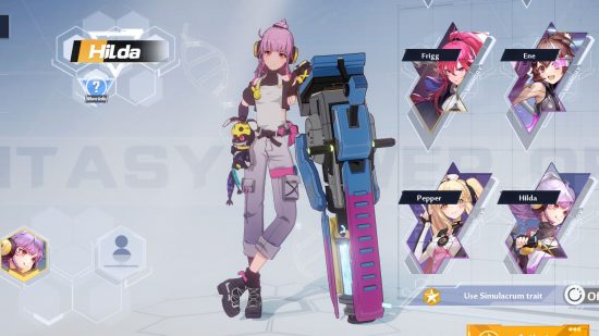 ToF Hilda leaning on her gun on the Simulacra select page