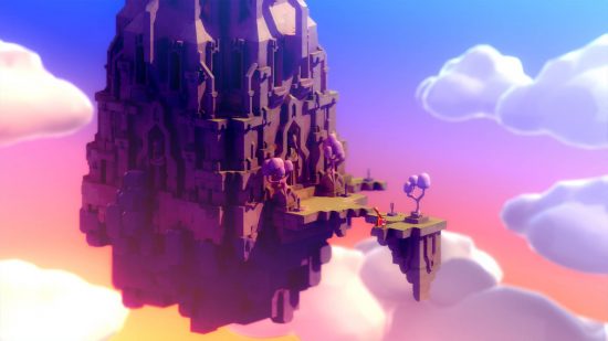 Tunic review: a huge island floats in the sky while the sun sets against the clouds in the background