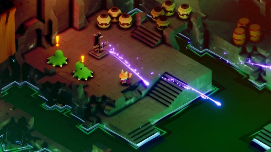 Tunic review: a small fox tackles a room full of enemies firing ranged, purple attacks