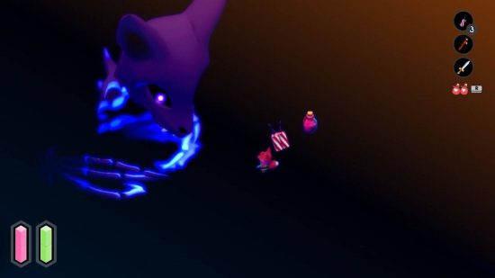 Tunic review: a small fox attempts to buy items from a gigantic blue fox spirit