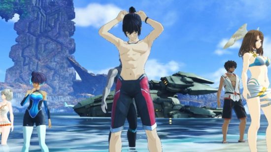 A picture with Noah, a man with a black ponytail, in a Xenoblade Chronicles 3 swimsuit -- just black trunks. Flanking him are his buddies, Taion, Sena, Eunie, and Mio, behind him Taion, all sporting their own swimsuit variations.