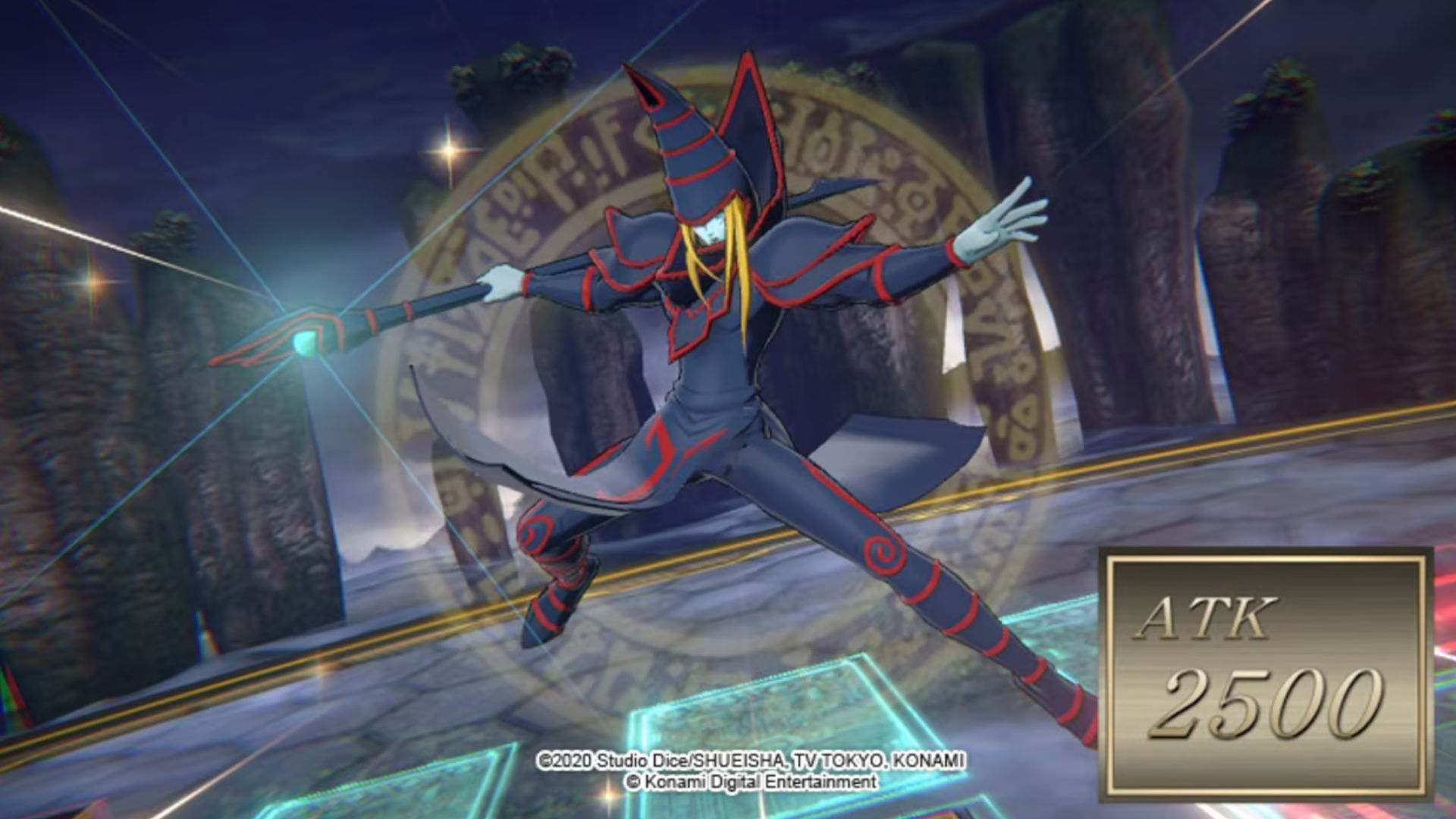 Screenshot of Dark Magician with his dark magic staff for Yu-Gi-Oh! Cross Duel gems guide