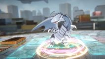 Screenshot of Blue Eyes White Dragon being summoned to the field in Yu-Gi-Oh! Cross Duel review