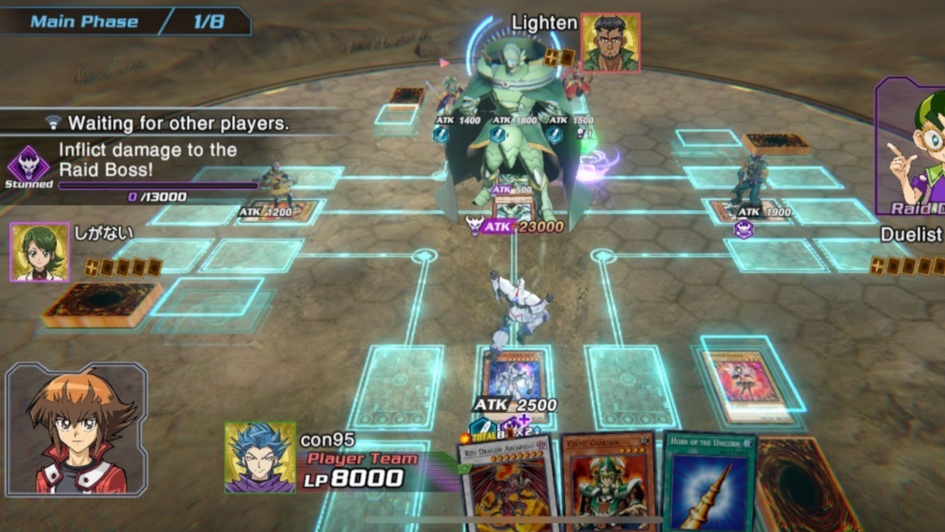 Screenshot of a four-player raid duel from with monsters on the field from a Yu-Gi-Oh! Cross Duel review