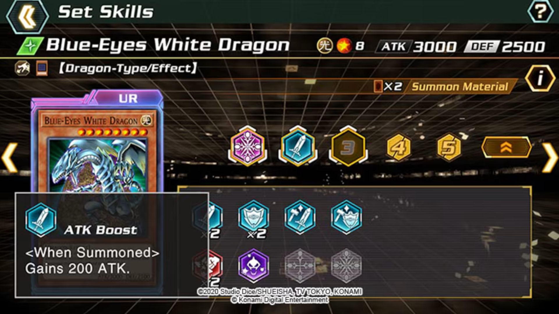 Zrzut ekranu menu umiejętności z Yu-Gi-Oh!  Pojedynek krzyżowy z niebieskookim białym smokiem otrzymującym aktualizację