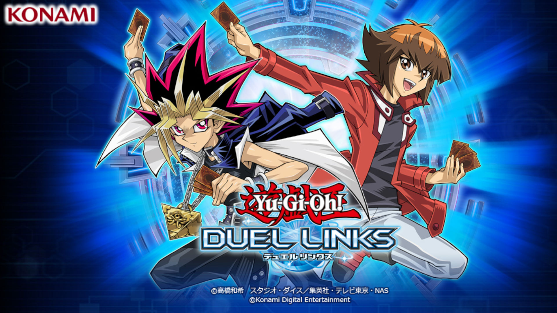 Cover art for Duel Links with Jaden and Yugi drawing cards against an unseen opponen