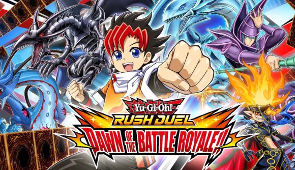 Cover art for YuGiOh RUsh Duel Dawn of the Battle Royale with an assortment of legendary monsters behind the main character