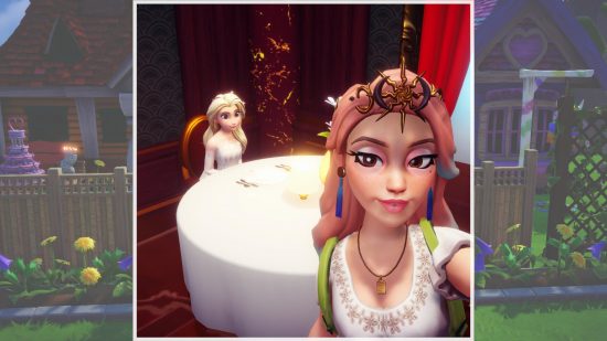 Disney Dreamlight Valley sleep - a character stood in Chez Remy taking a picture of Elsa sat at the table