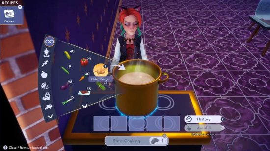 A player selecting dried ginger for the Disney Dreamlight Valley extra fizzy root beer recipe
