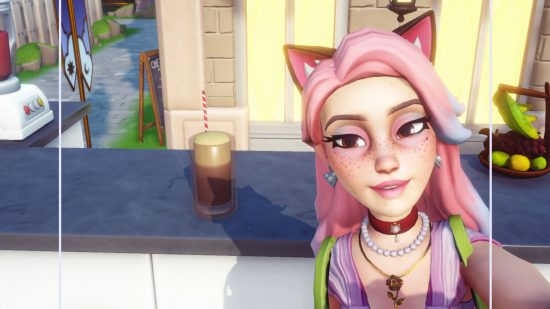 A player posing and taking a selfie with a Disney Dreamlight Valley extra fizzy root beer