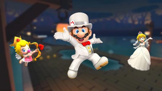 Mario Kart Tour Boo Lake course as a blurred background with three sprites on top. In the middle is Mario, a jolly moustachioed dark-haired man in a white suit and top hat, arms and legs wide as he jumps in the air. On the right is Peach, a blonde haired princess in a white wedding dress looking celebratory. On the right is a cherub version of Peach as a baby (I know, weird) wearing a pink dress and crown, holding a bow and arrow with a heart shaped tip.