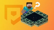 Steve looking into a Minecraft end portal on a yellow background