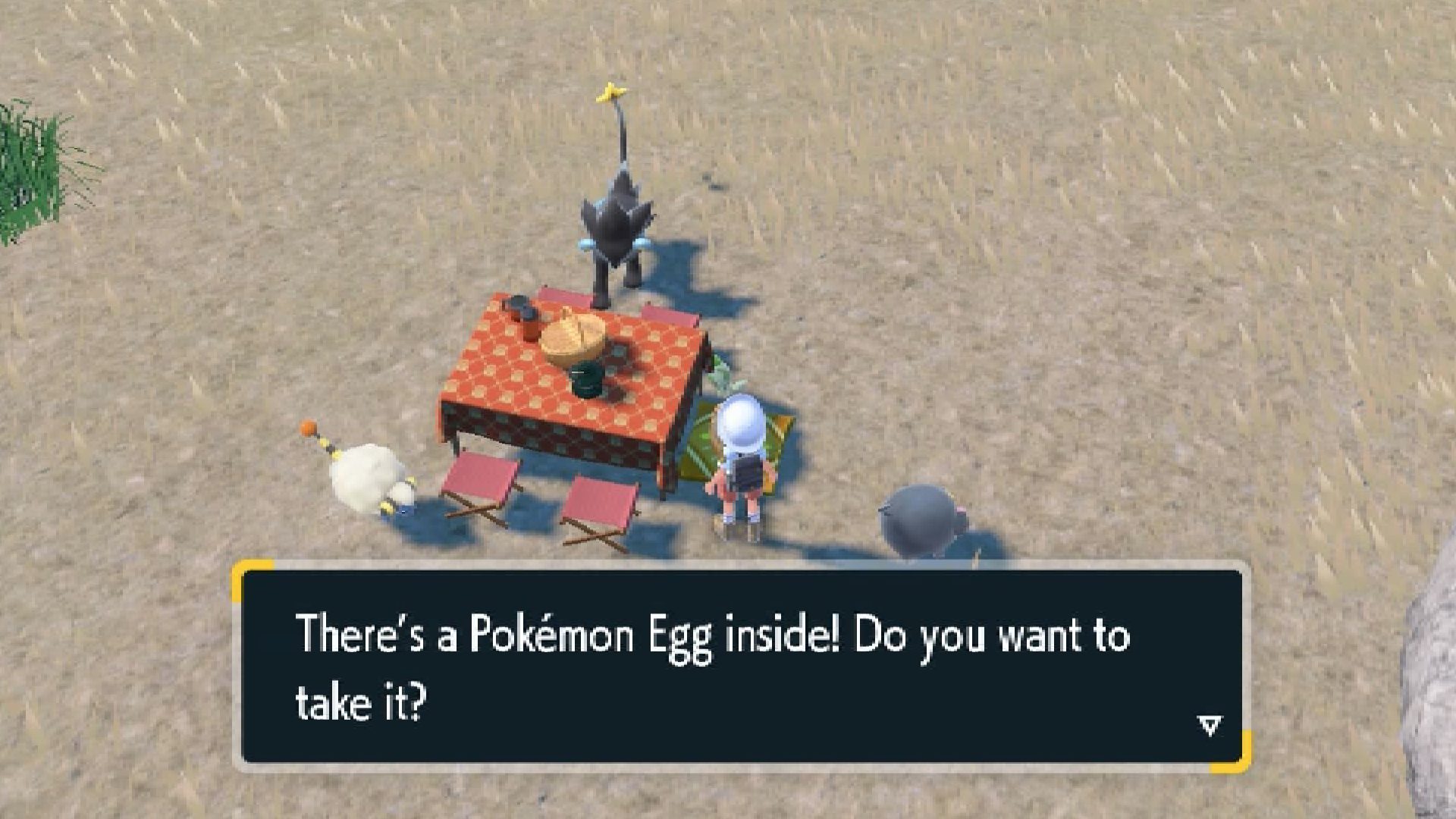 Picnics de Pokémon Escarlata y VIoleta: un jugador busca en una cesta de picnic y descubre un huevo
