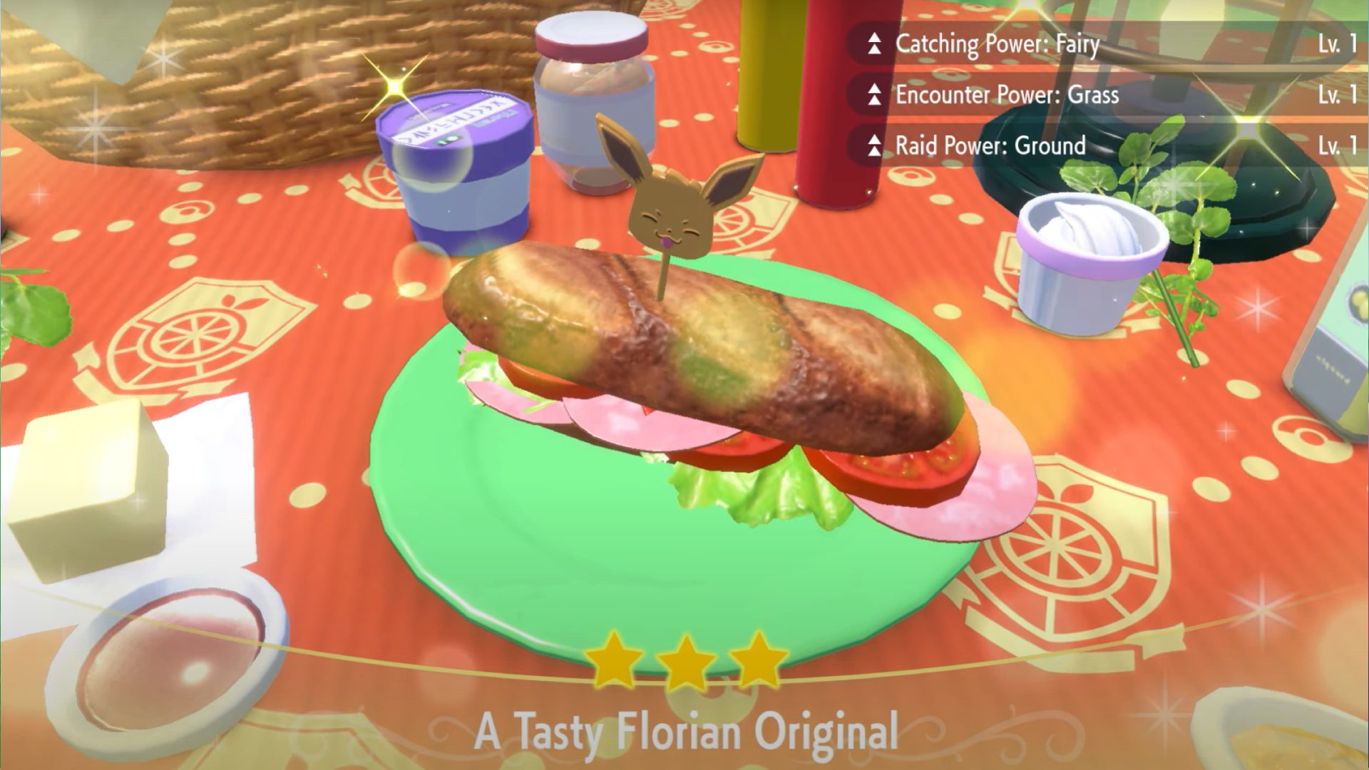 Pokemon Scarlet and VIolet picnics: a screenshot shows a sandwhich, with stats bisivble for the several boosts to abilties