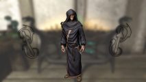 Farengar, court wizard to the Jarl of Whiterun, stood in front of a blurred background with two symbols either side of him of a sword wrapped with a ribbon-type effect, for a Skyrim enchanting guide.