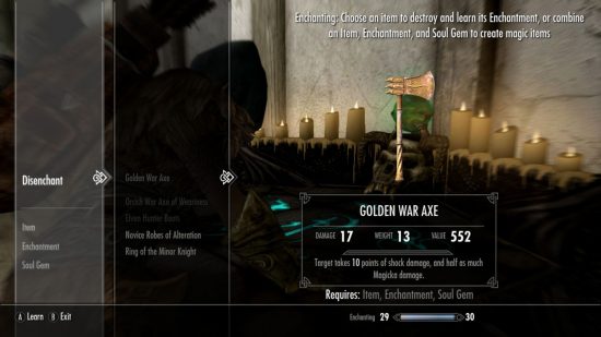 Skyrim enchanting menu showing a Golden War Axe with various other menu items littered about.