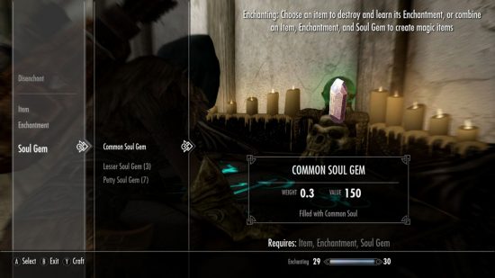 Skyrim enchanting menu showing a Common Soul Gem with various other menu items littered about.