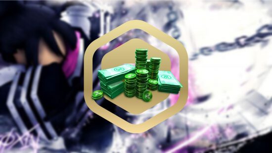 Blurred art background from A Hero's Destiny showing a Roblox avatar in a black and white-striped top with spiky black hair, falling back away from a burst of light with a chain flying through the middle of it. Overlayed is the Robux logo and a pile of cash.