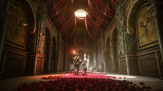 A Plague Tale: Requiem review - Amicia and Hugo walking down a hallway full of roses