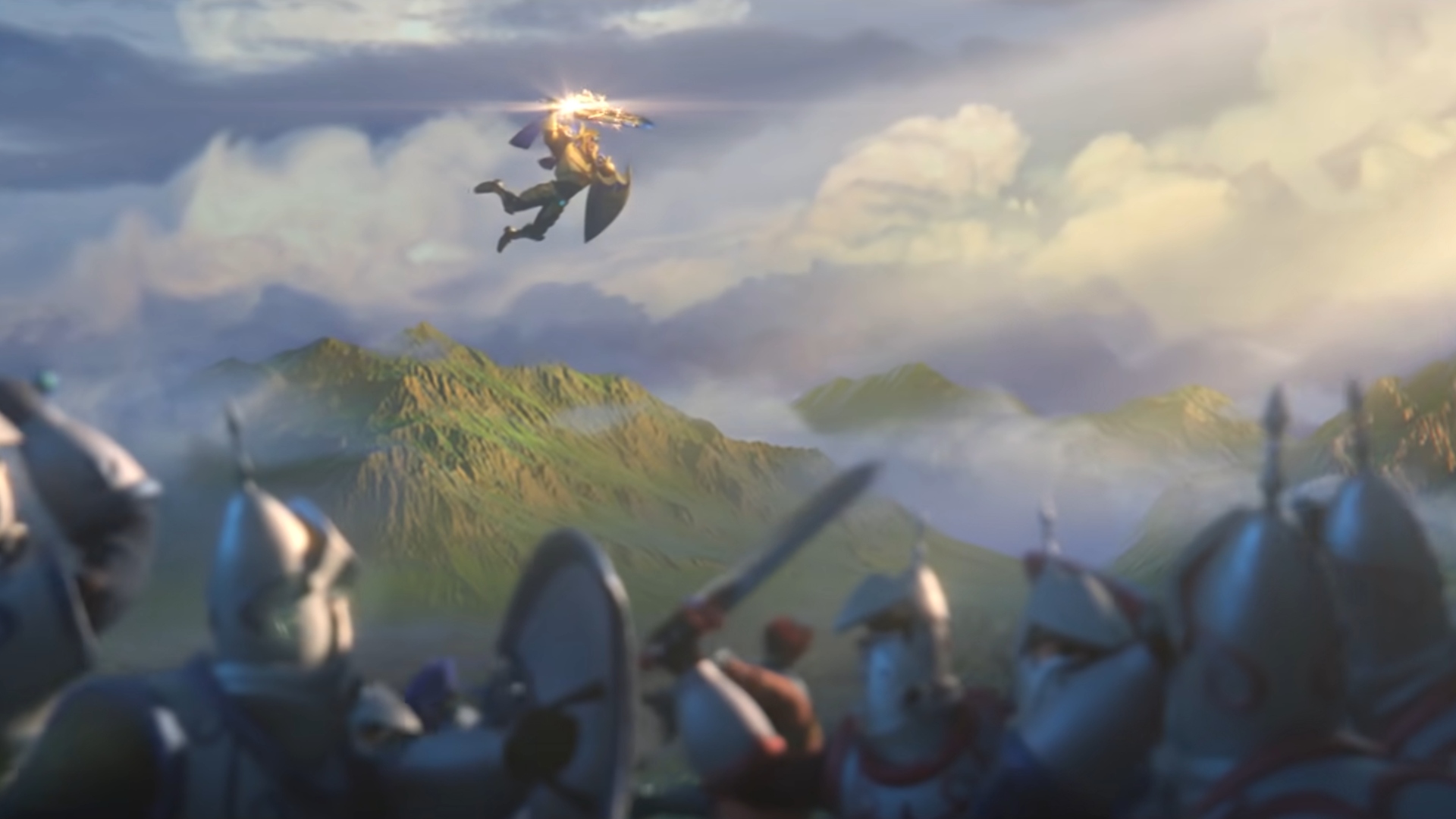 Addictive games: Lords Mobile. Image shows a knight soring through the sky, with a rabble of armoured soldiers beneath him.