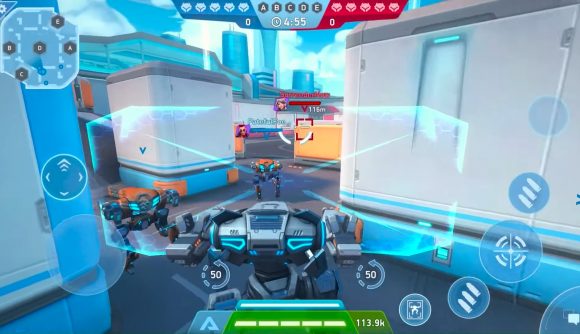Addictive games: Mech Arena. Image shows a mech projecting a shield in order to protect itself from oncoming fire from its enemies, which are ahead of it.