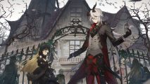 Characters from Alchemy Stars pose outside a haunted house