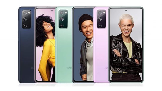 Amazon Prime Day Samsung deals: image shows a selection of Galaxy S20 smartphones with pictures of people on them.