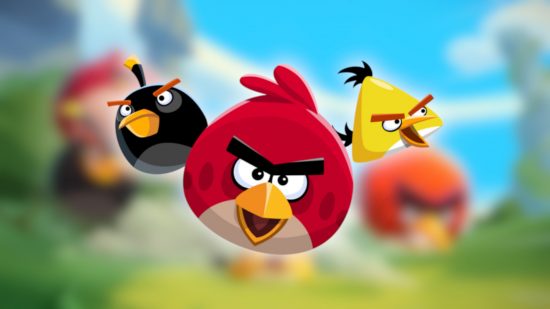 Angry Birds Characters: Red, Bomb and Chuck flying towards the screen
