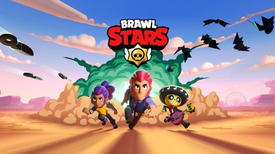 Battle royale games - three fighters running away from an explosion in Brawl Stars