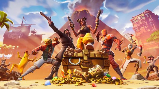 Battle royale games - a group of characters defending a treasure chest in Fortnite