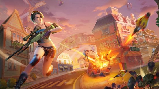 Battle royale games - a woman with a gun running away from an explosion in Creative Destruction