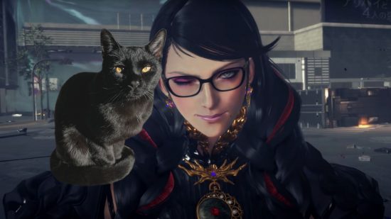 Bayonetta 3 cat - a cat sat on the shoulder of Bayonetta, who is winking at the camera